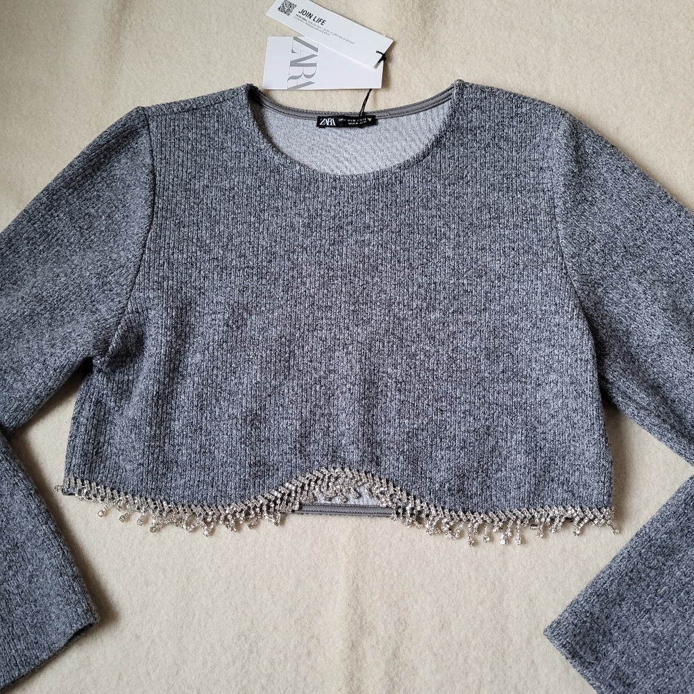 NWT Zara Cropped Gray Long-sleeved Sweater With Rhinestone Fringe Women's Size M